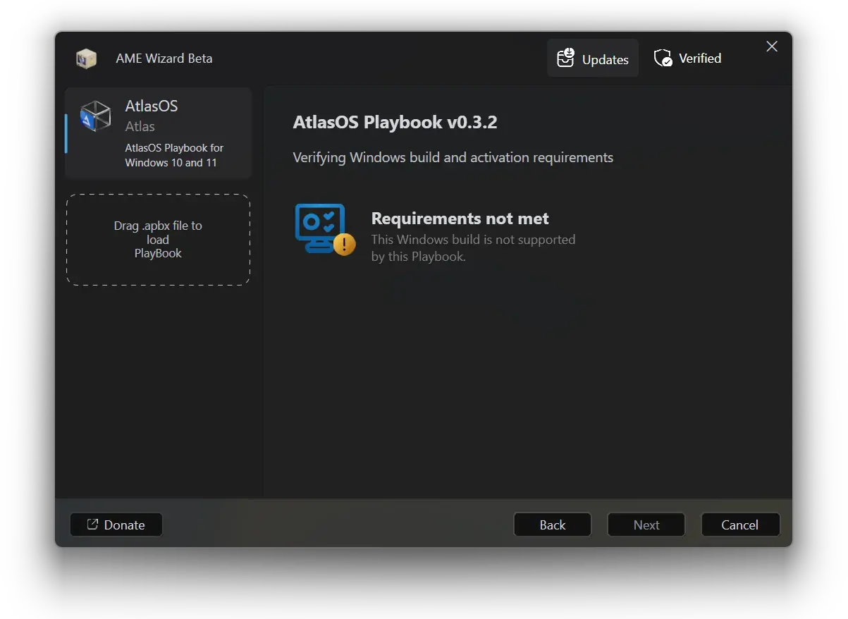 Screenshot of AME Wizard with the Atlas playbook, with the error 'This Windows build is not supported by this Playbook.'