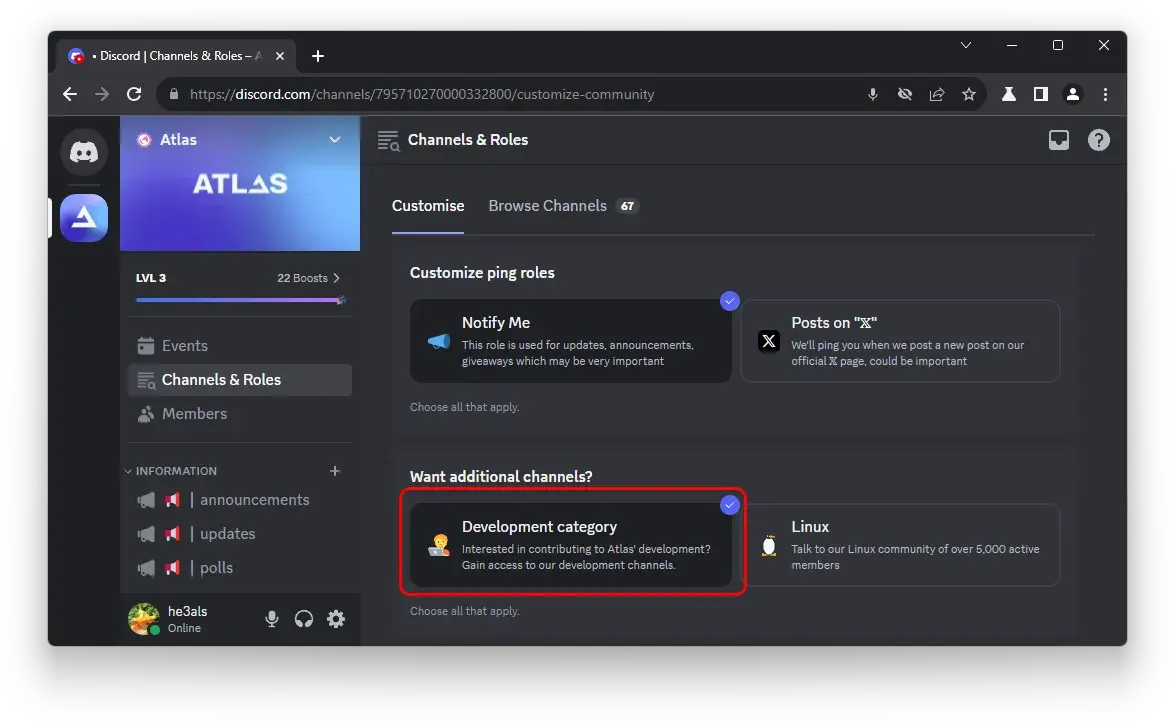The Atlas Discord server's 'Channels & Role' page, cropped onto the 'Development' role